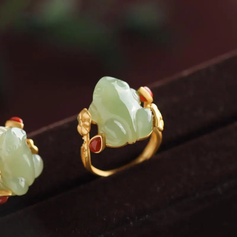 Women Fashion Rings - Yeşil yeşim kurbağa yüzük Charms doğal
