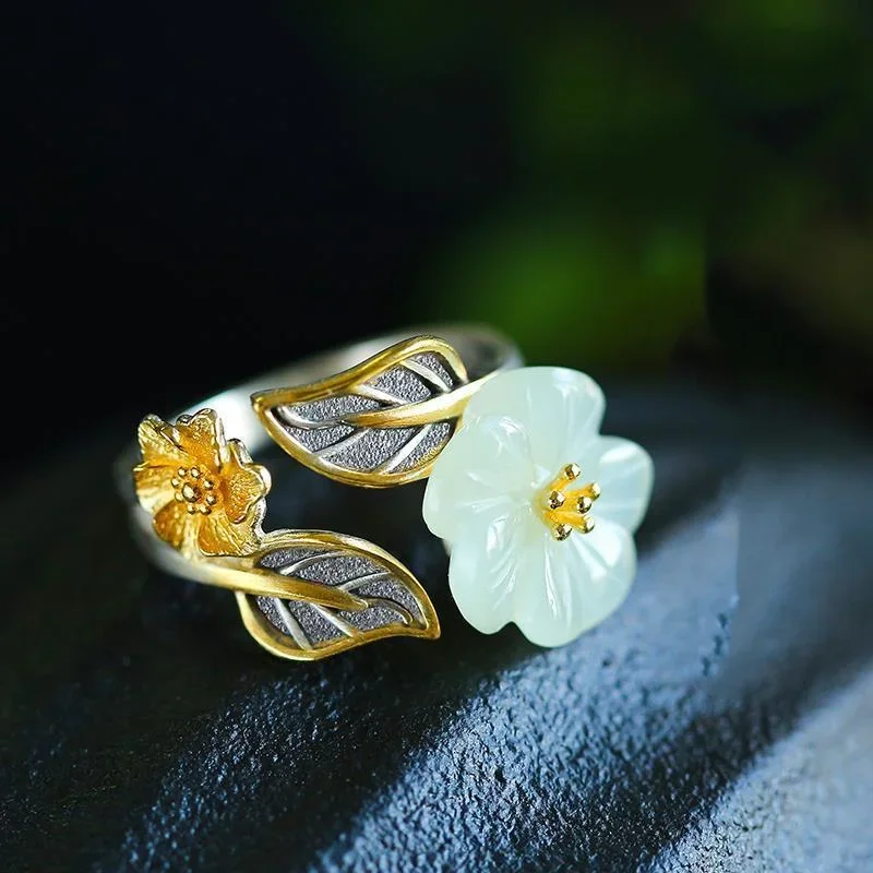 Women Fashion Rings - 925 Gümüş Beyaz Hetian Yeşim Çiçek